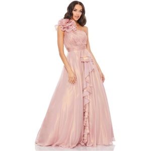 MAC DUGGAL Rosette One-Shoulder Iridescent Ball Gown in Rose/Gold Size US 2